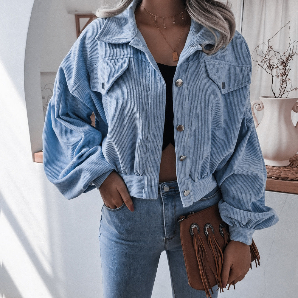 Trendy Lantern Sleeve Corduroy Jacket for Fall & Winter