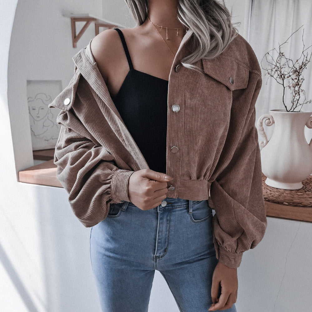 Trendy Lantern Sleeve Corduroy Jacket for Fall & Winter