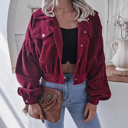 Trendy Lantern Sleeve Corduroy Jacket for Fall & Winter