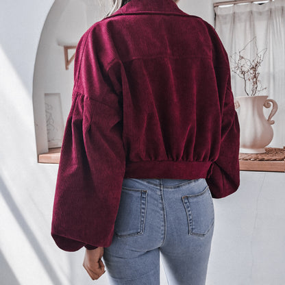 Trendy Lantern Sleeve Corduroy Jacket for Fall & Winter