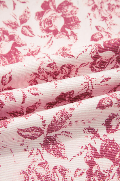 Pink Vintage Floral Print Wide Leg Denim Pants