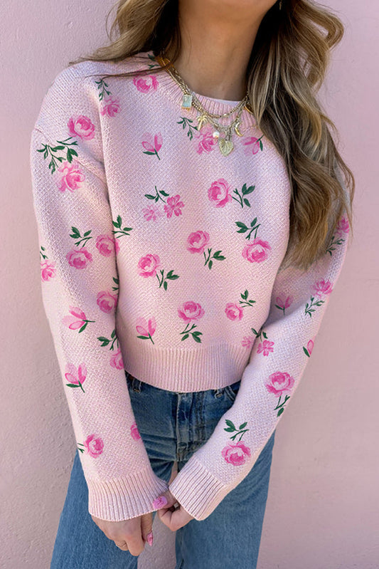 Sweet Floral Print Drop Shoulder Cropped Knit Sweater
