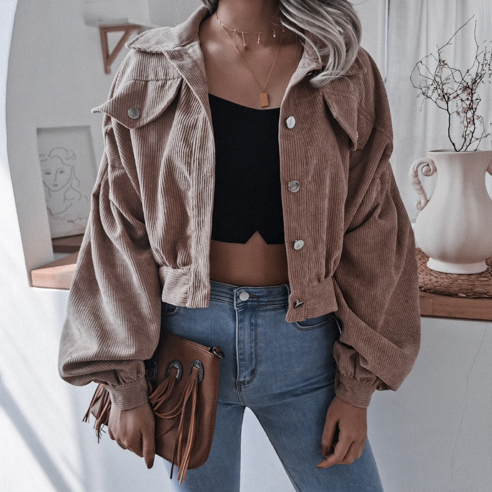Trendy Lantern Sleeve Corduroy Jacket for Fall & Winter