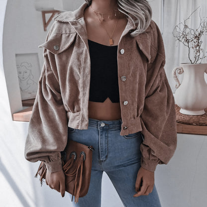 Trendy Lantern Sleeve Corduroy Jacket for Fall & Winter