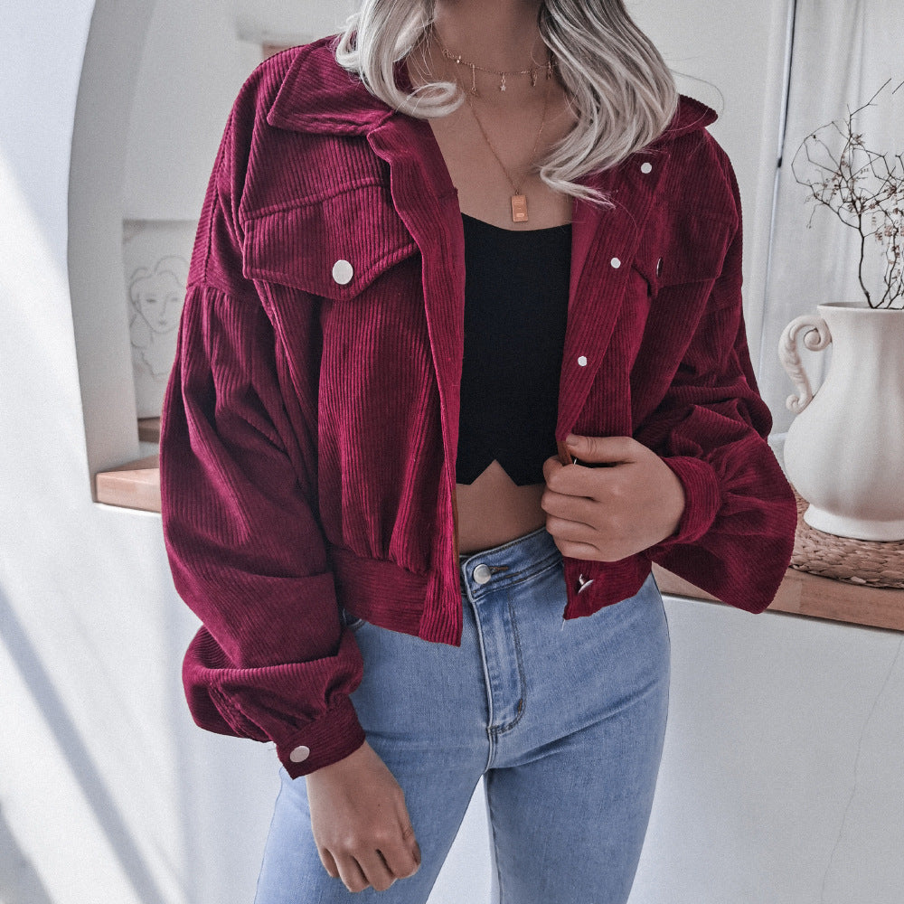Trendy Lantern Sleeve Corduroy Jacket for Fall & Winter