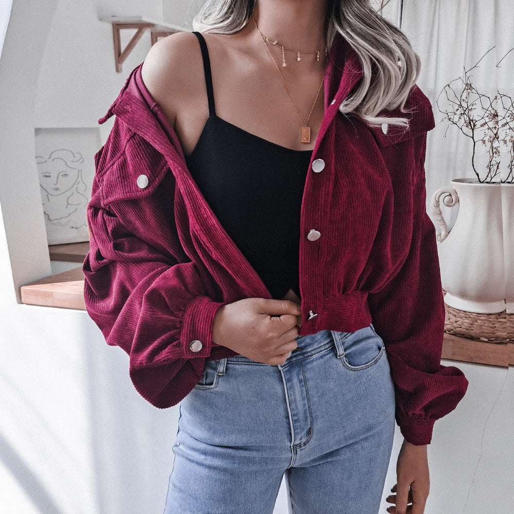 Trendy Lantern Sleeve Corduroy Jacket for Fall & Winter