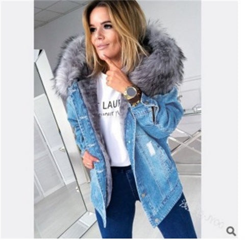 Women's Faux Fur Hooded Sherpa Lined Ripped Denim Jacket