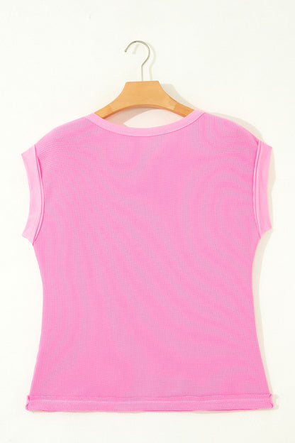 Waffle Knit Patchwork Pocket Loose Fit Casual T Shirt