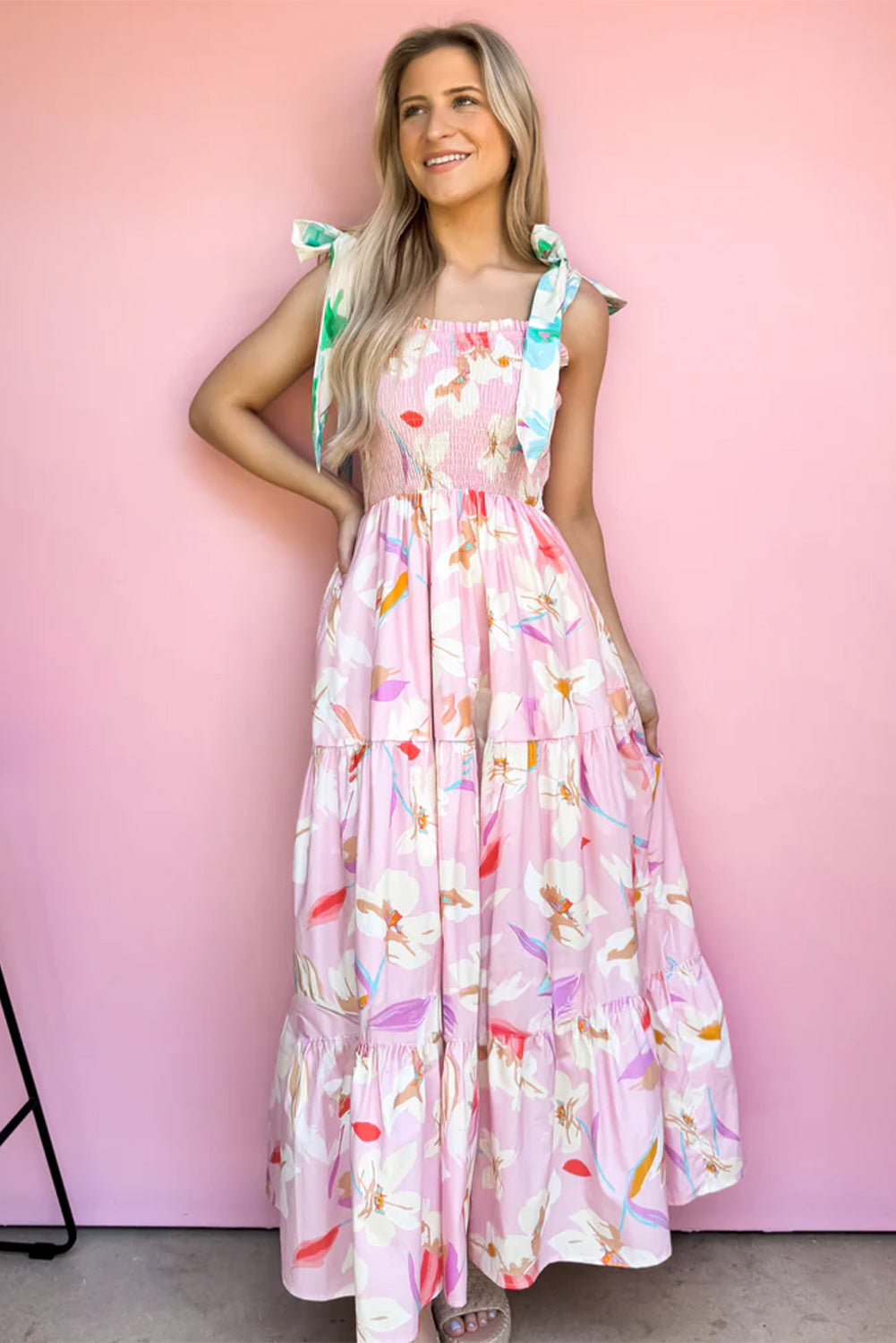 Pink Floral Smocked Maxi Dress Tie Shoulder Flowy