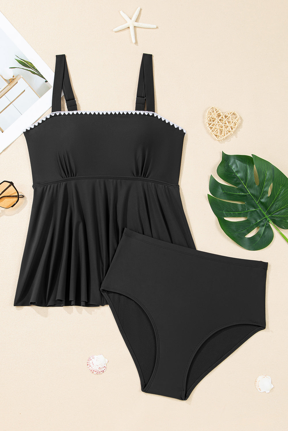 Navy Ricrac Trim Flared Spaghetti Strap Tankini Set