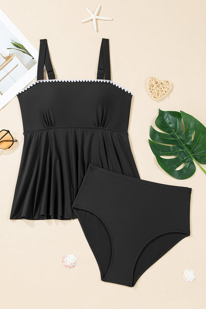 Navy Ricrac Trim Flared Spaghetti Strap Tankini Set