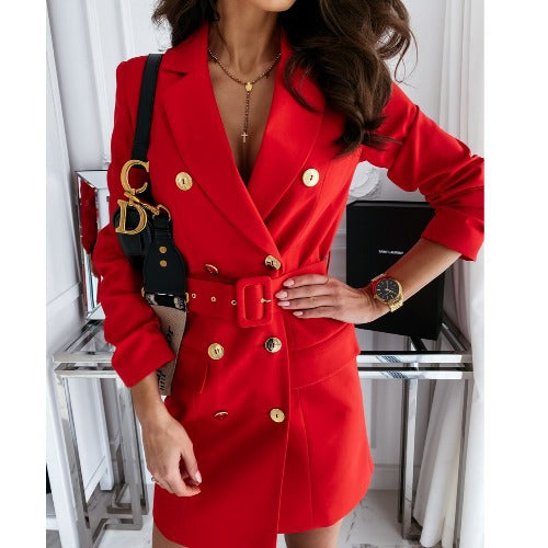 Women's Belted Blazer Dress Long Sleeve Elegant