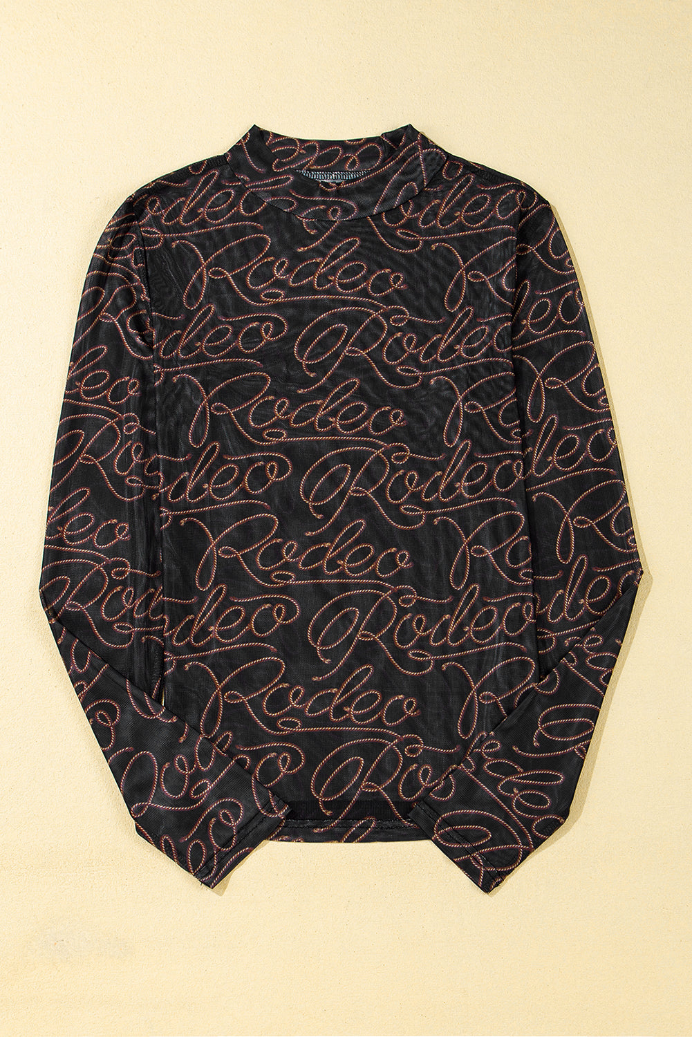 Black Western Rodeo Print Mesh Mock Neck Top