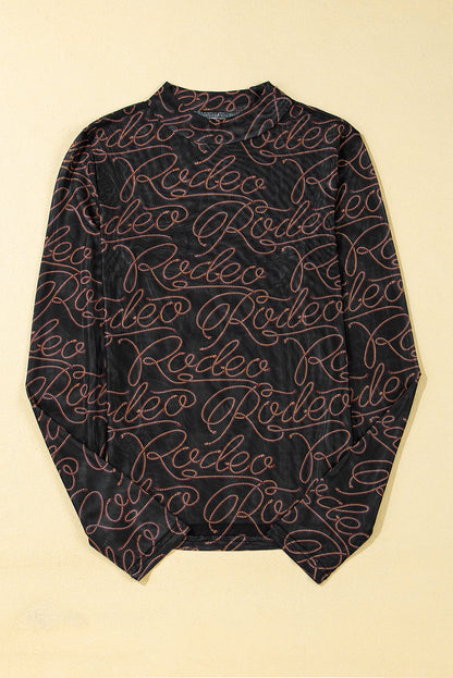 Black Western Rodeo Print Mesh Mock Neck Top