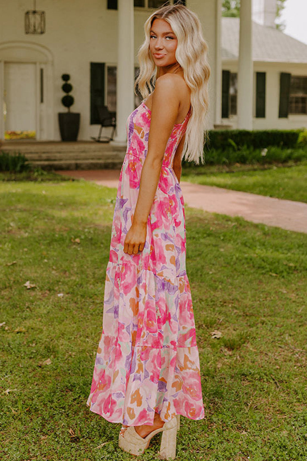 Pink Floral One Shoulder Smocked Tiered Maxi Dress