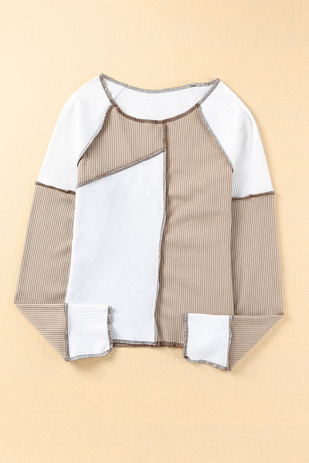 Irregular Color Block Rib Knit Long Sleeve Top
