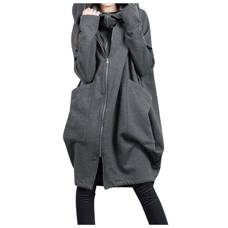 Women's Oversized Long Zip Up Fleece Hoodie Jacket Pockets