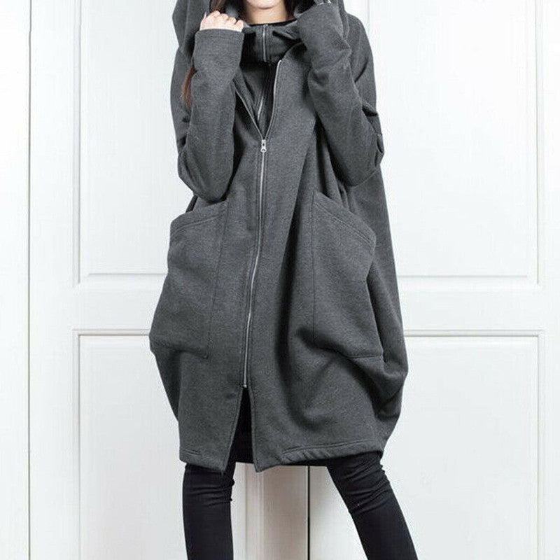 Women's Oversized Long Zip Up Fleece Hoodie Jacket Pockets