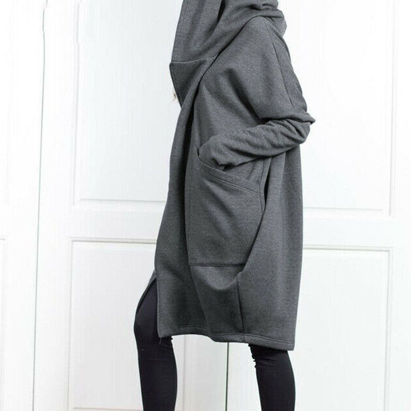 Women's Oversized Long Zip Up Fleece Hoodie Jacket Pockets