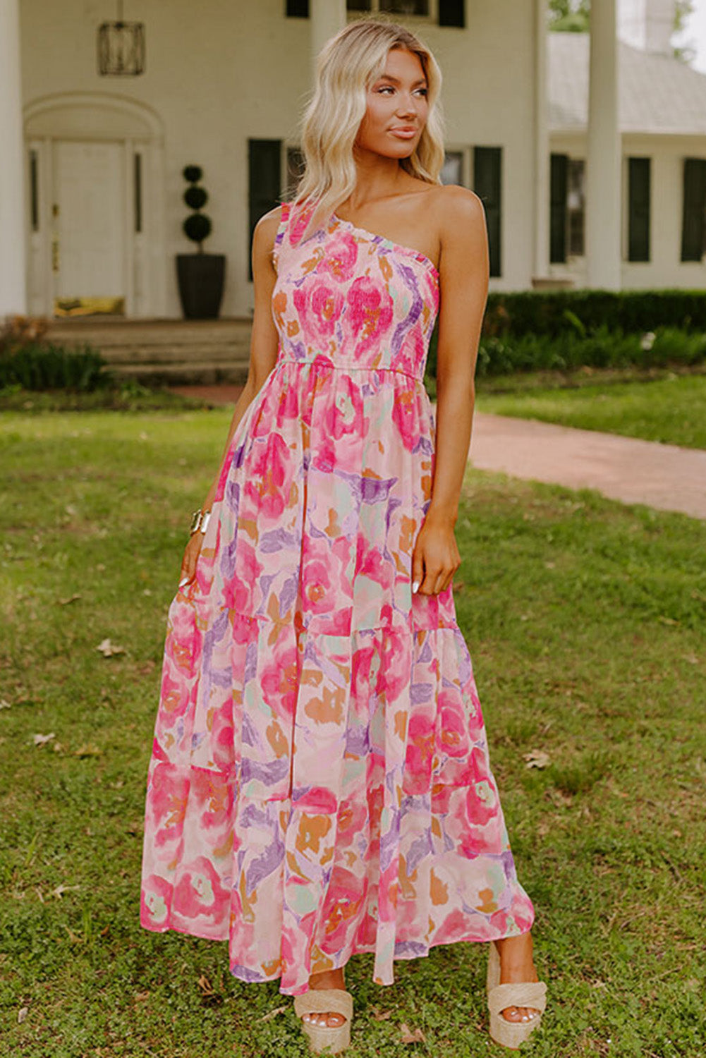 Pink Floral One Shoulder Smocked Tiered Maxi Dress