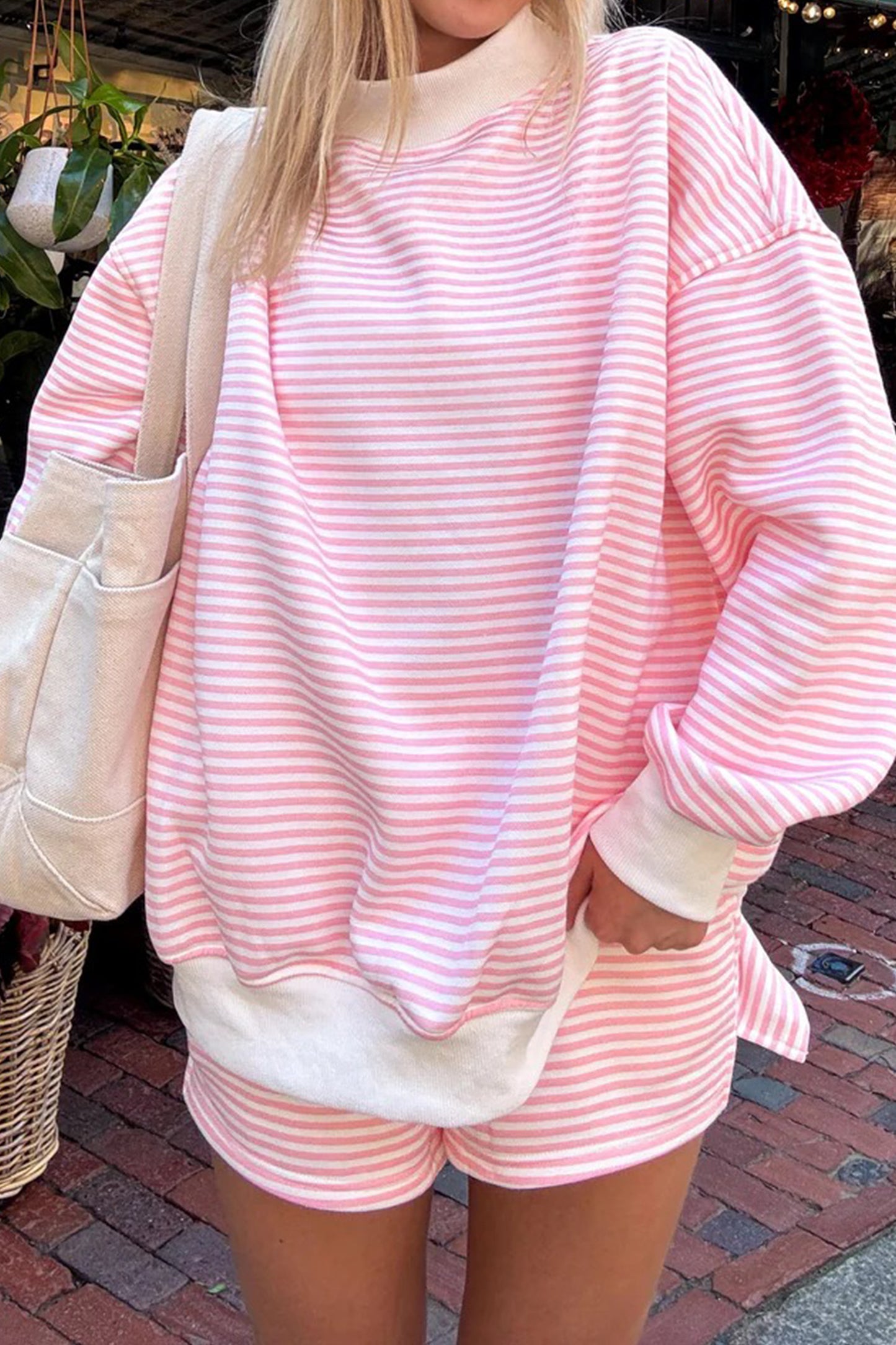 Pink Stripe Oversized Mock Neck Sweatshirt Shorts Set