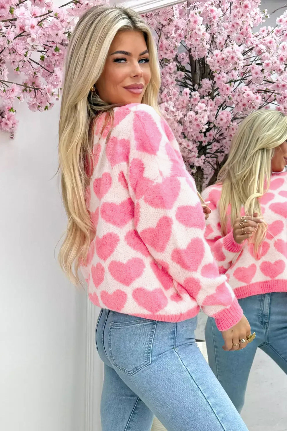 Pink Valentine Heart Print Cozy Knit Sweater for Women