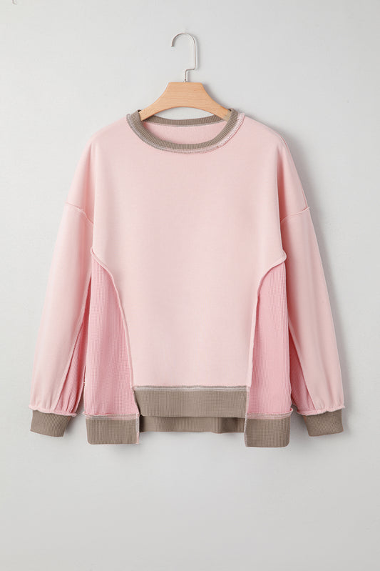 Color Block Patchwork Waffle Knit Oversized Sweatshirt
