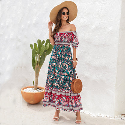 Women's Off Shoulder Midi Dress Floral Short Sleeve A Line Casual Beach Vacation Dresses