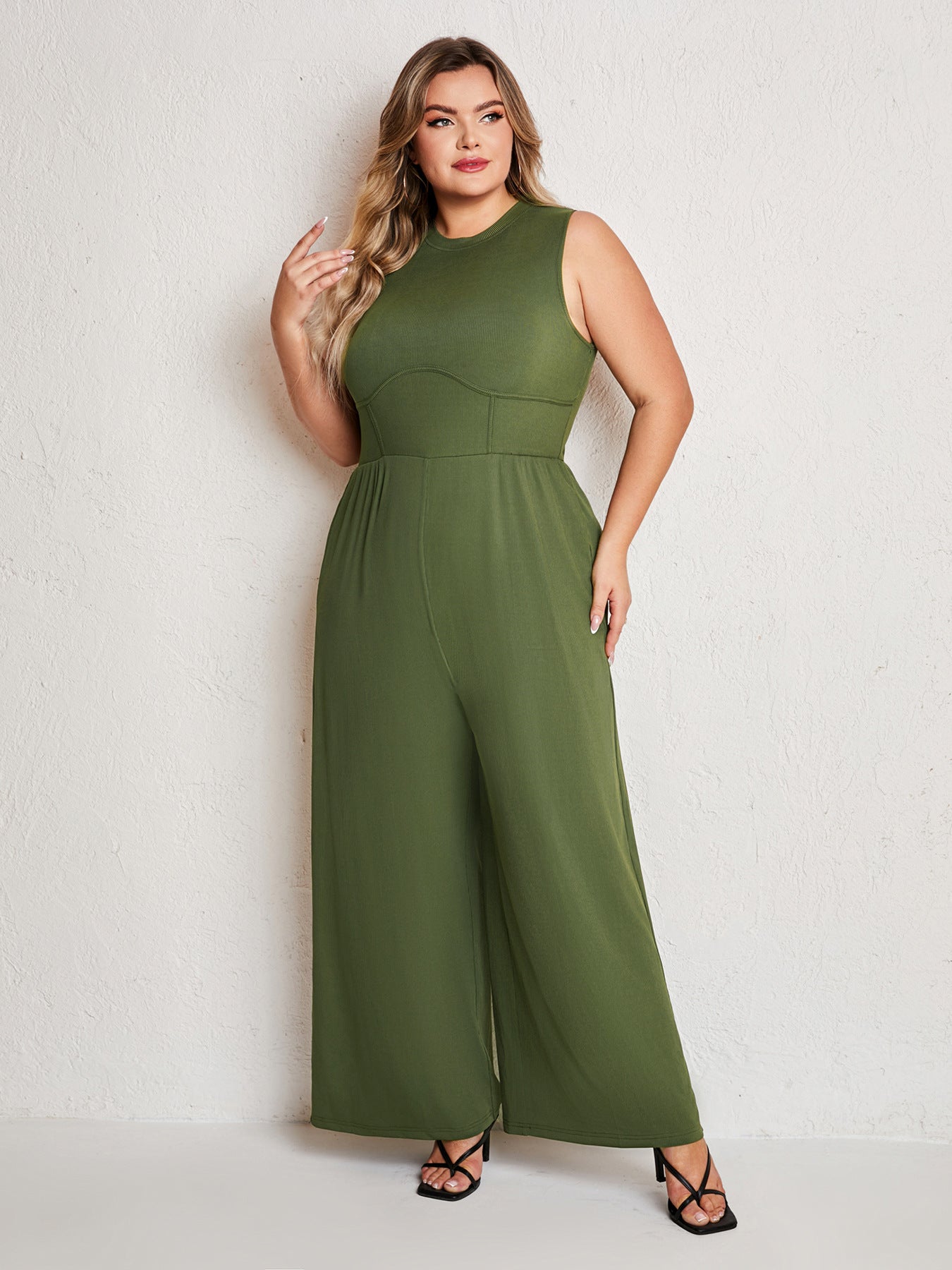 Womens Summer One Piece Sleeveless Wide Leg Pants Rompers With Pockets Plus Size