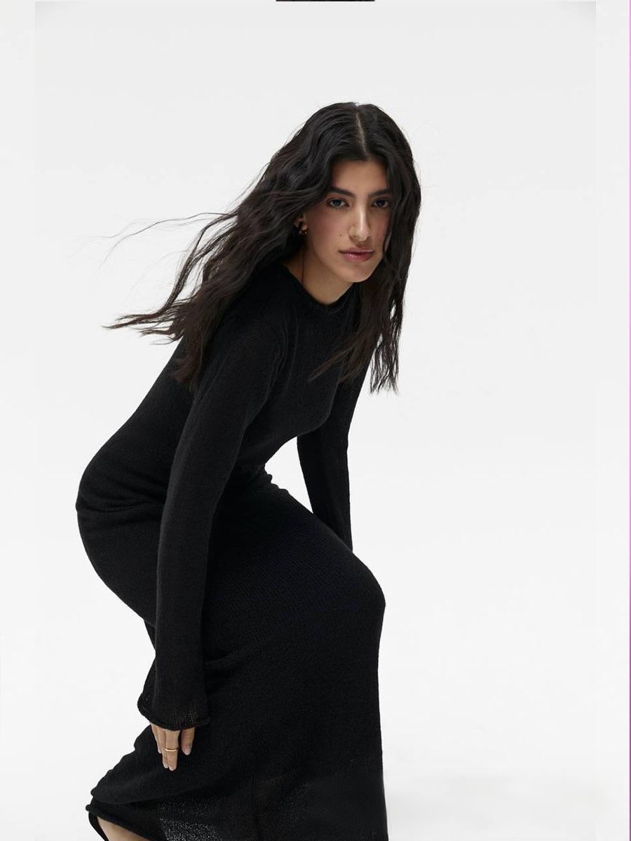 Sheer Knit Maxi Dress Set Long Sleeve Overlay with Slip