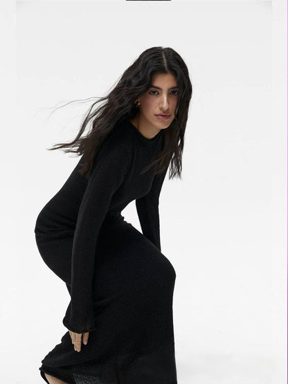 Sheer Knit Maxi Dress Set Long Sleeve Overlay with Slip