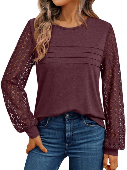 Lace Sleeve Patchwork Knit Pullover Top for Women
