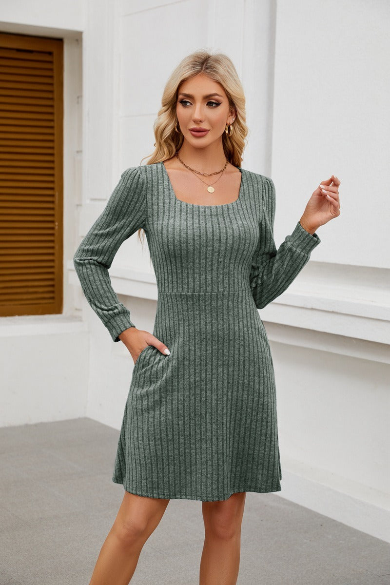 Square Neck Ribbed Knit Dress with Pockets