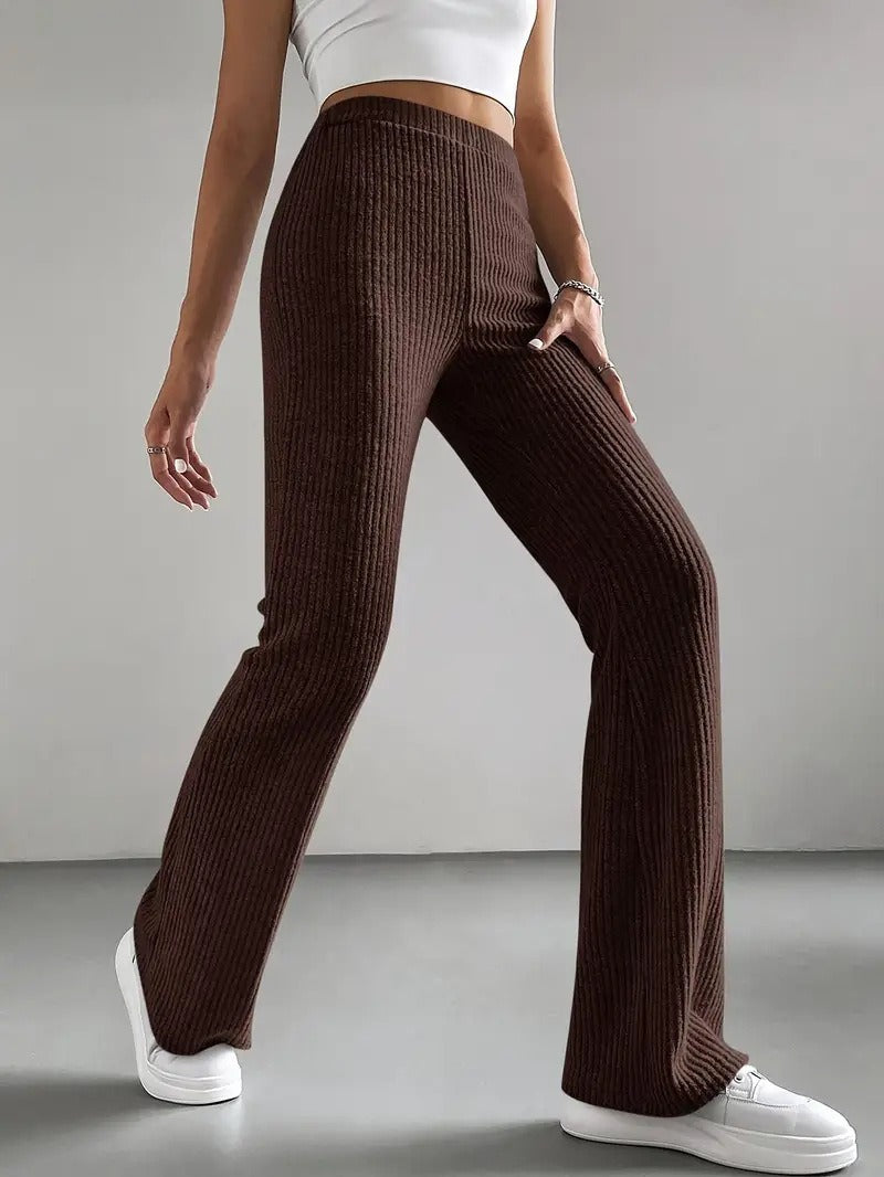 High Waist Ribbed Knit Flare Pants for Women