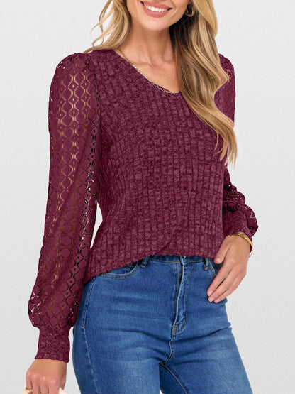 V-Neck Knit Top with Lace Puff Long Sleeves