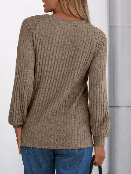 Solid Ribbed Knit Button Pullover with Lace & Buttons