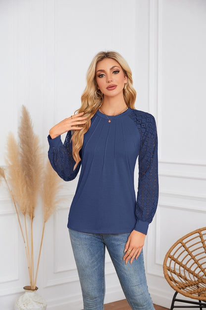 Lace Sleeve Pleated Blouse - Round Neck Long Sleeve Top