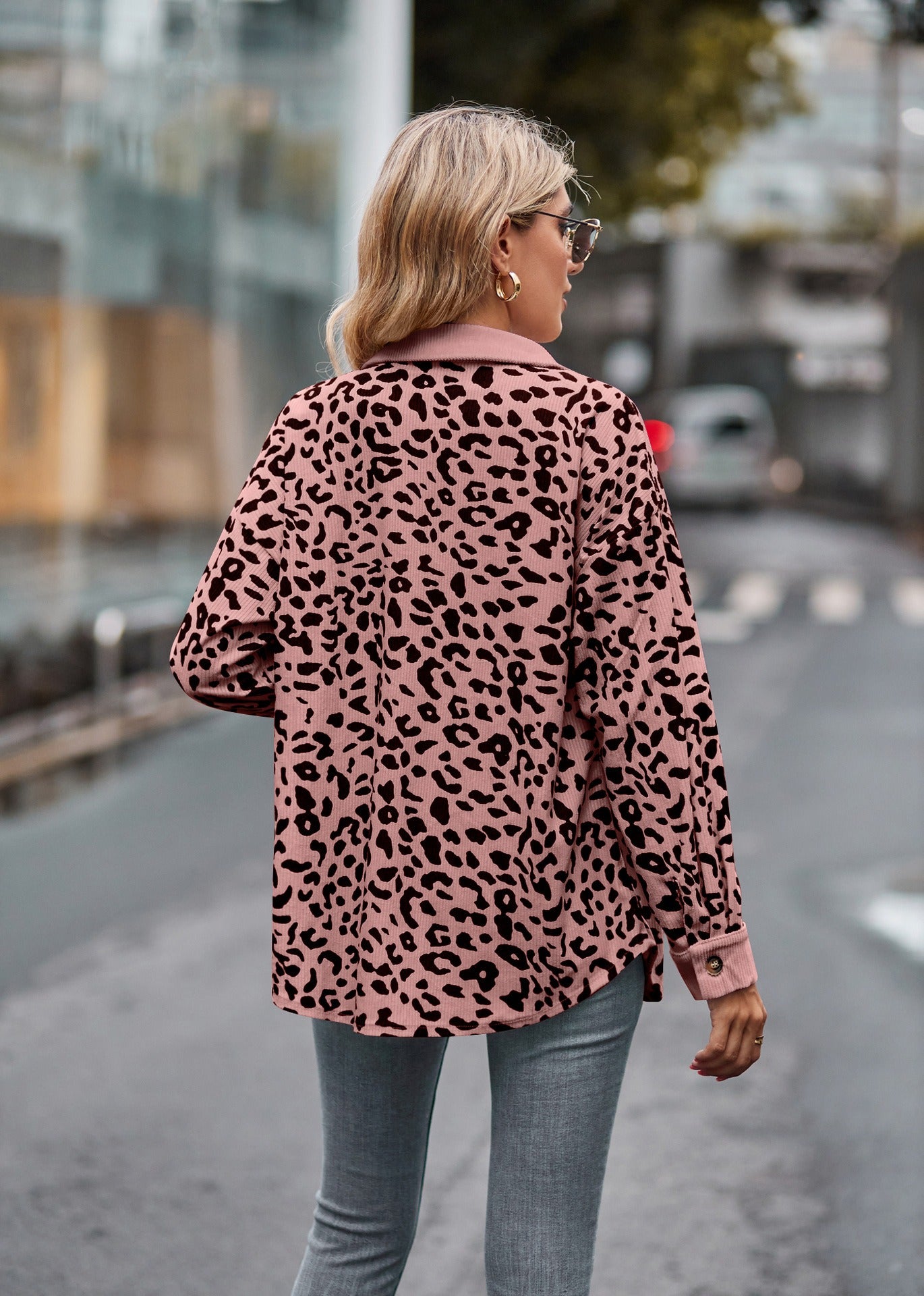 Leopard Print Corduroy Button Down Oversized Shirt Jacket