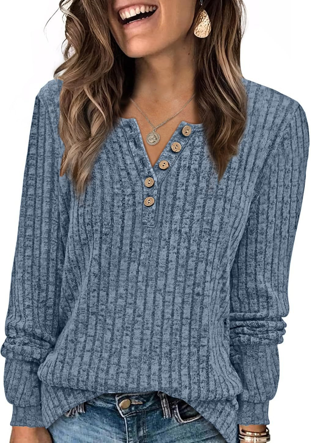 Ribbed V-Neck Button Knit Long Sleeve Pullover