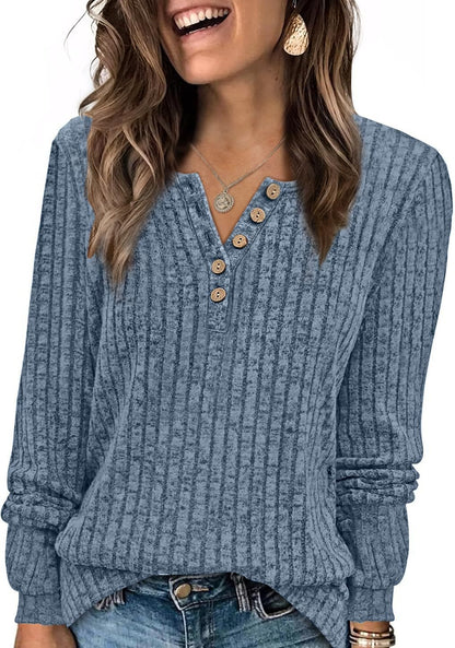 Ribbed V-Neck Button Knit Long Sleeve Pullover