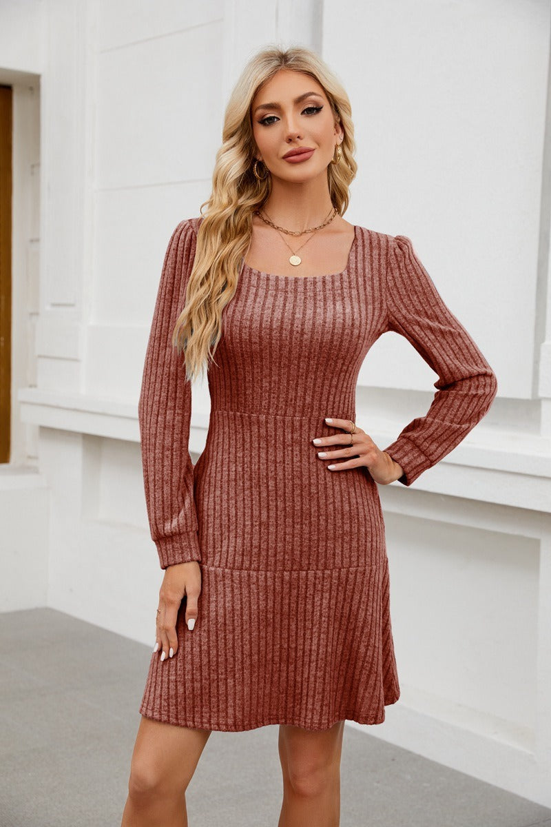 Square Neck Sweater Dress - Ribbed Lantern Sleeve A-Line