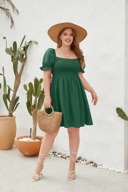 Women's Square Neck Flounce Short Sleeve Shirred Ruffle Hem Dress
