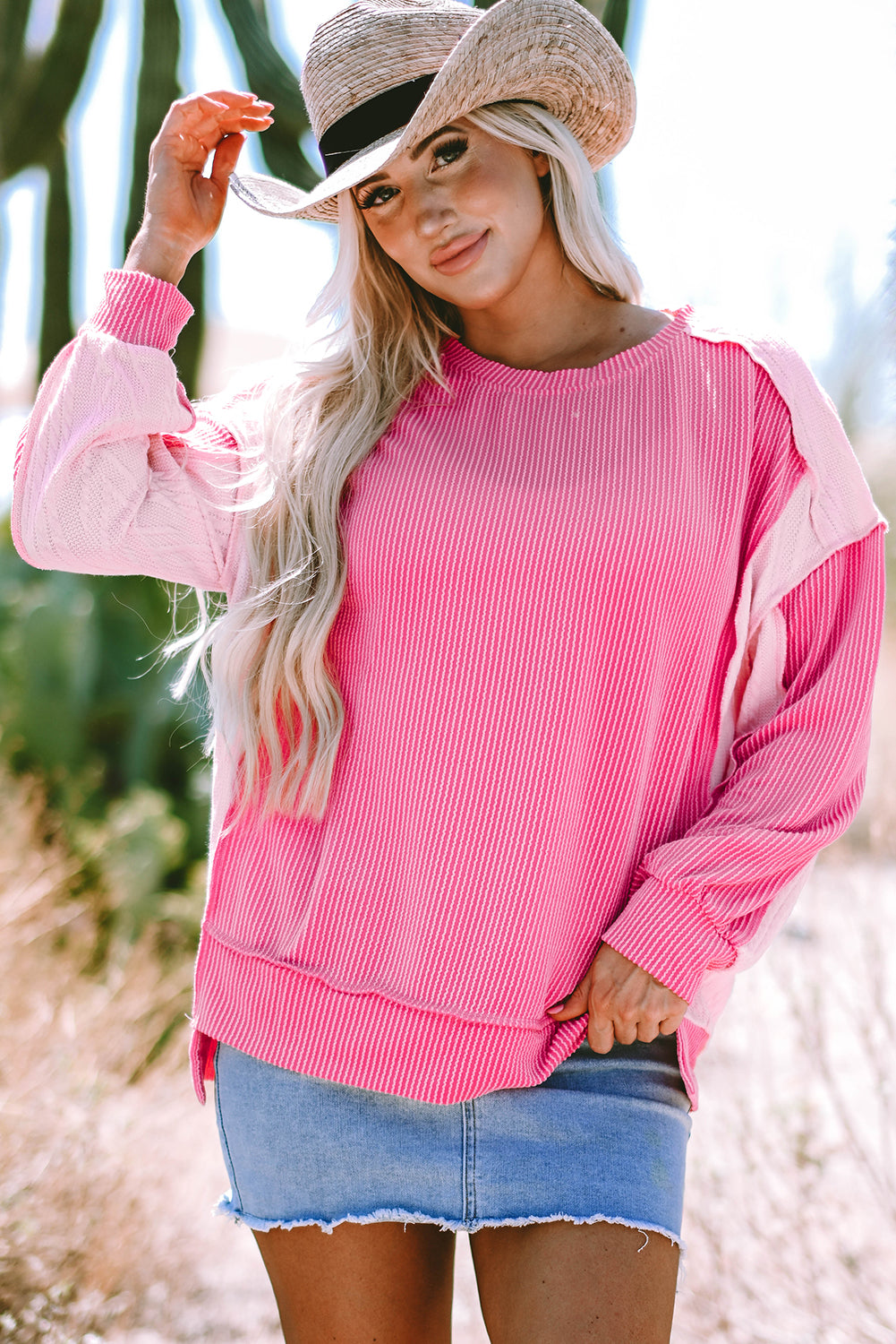 Bonbon Cable Knit Colorblock Exposed Seam Sweatshirt