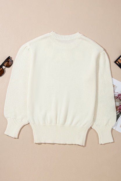 White Flower Applique Puff Sleeve Knit Sweater