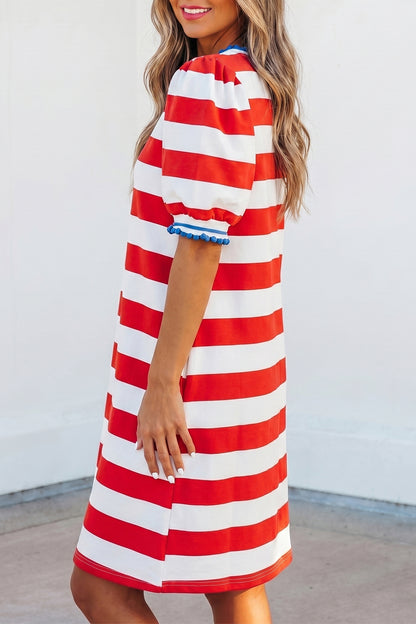 Red Stripe Puff Sleeve Dress Flag Day Independence