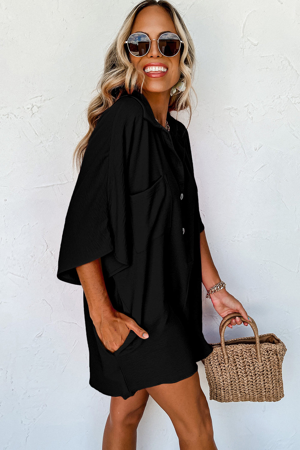 Black Collared Button Front Loose Fit Romper