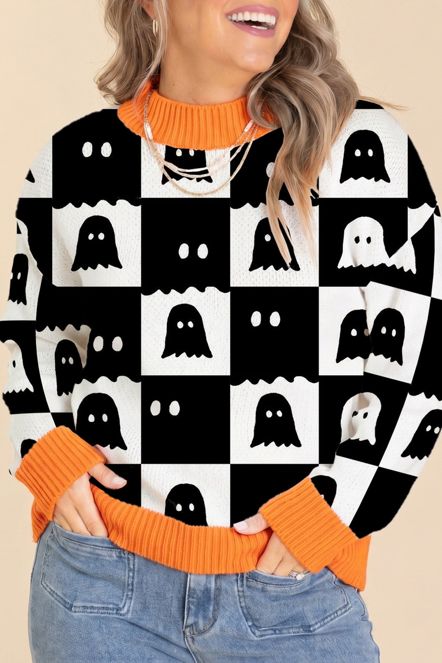 Halloween Ghost Print Checkerboard Knit Sweater