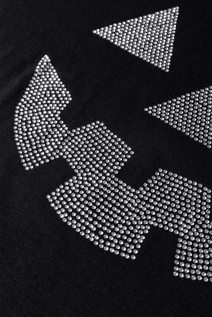 Black Halloween Rhinestone Pumpkin Face Ribbed Sleeve Top