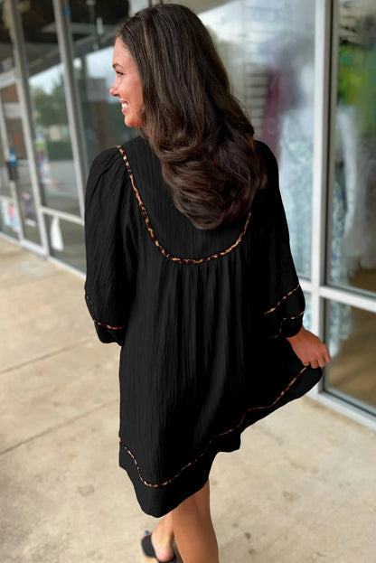 Black Textured V Neck Leopard Trim Shift Mini Dress