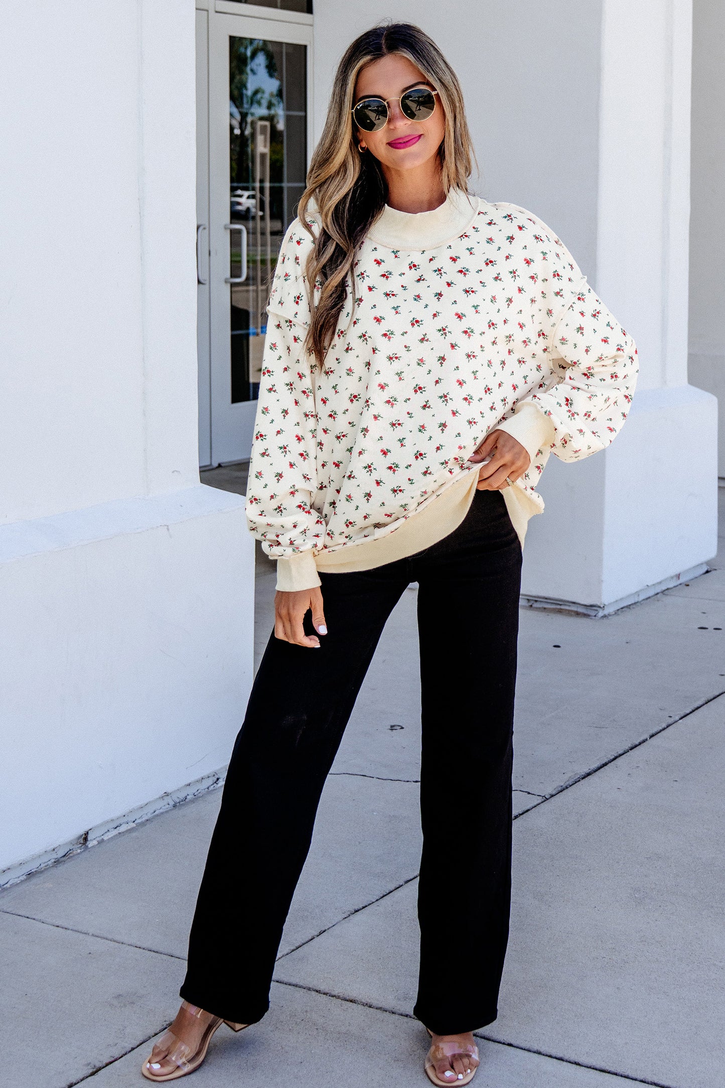 Floral Mock Neck Pullover Sweatshirt Women Casual Top